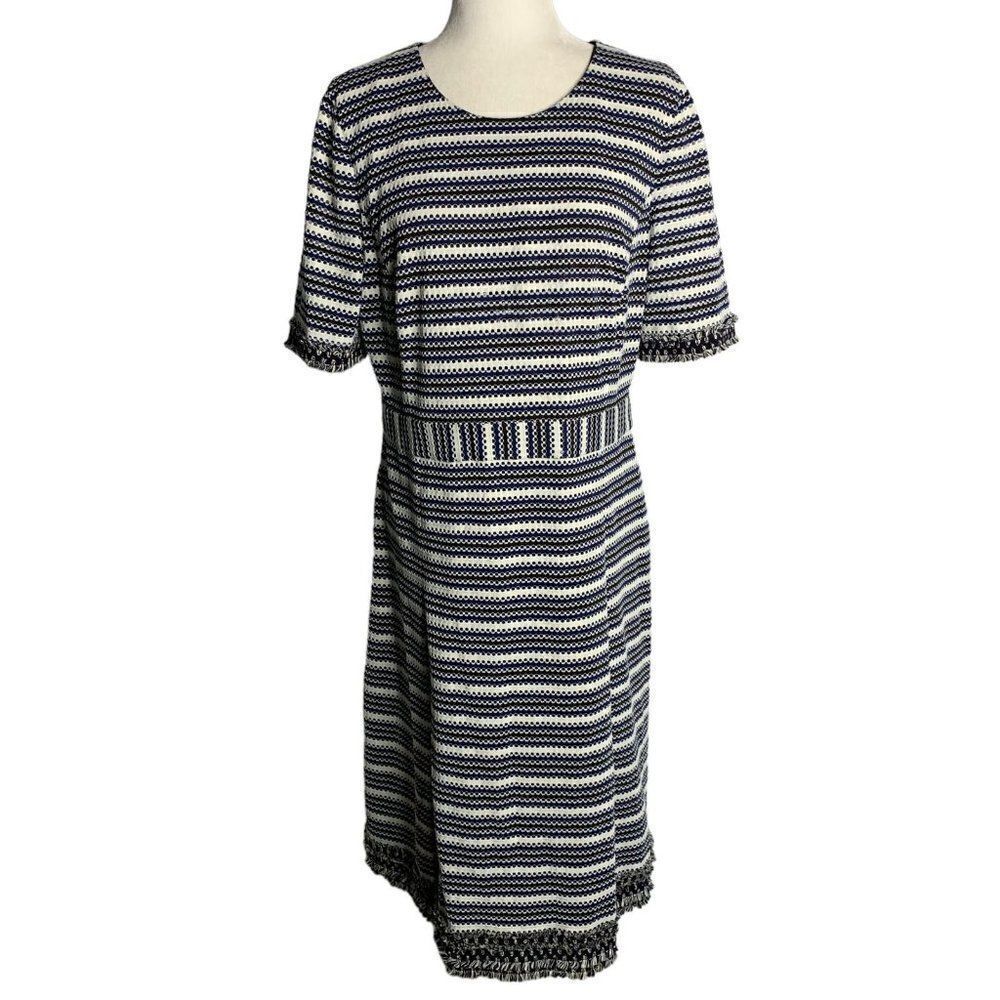Tory Burch Paulina Dress Kate Middleton XL Black Stripe Lined Fringe